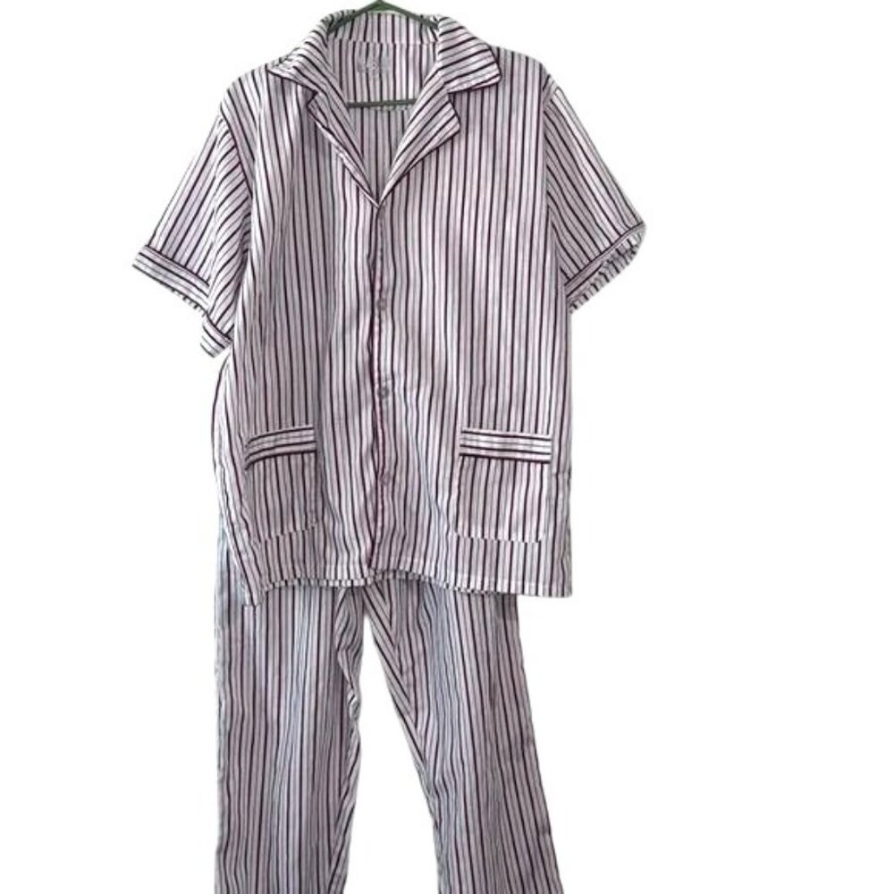 Mens Haband Striped Pajama Set Button-Up Shirt & Elastic Waist Pants M Polyester